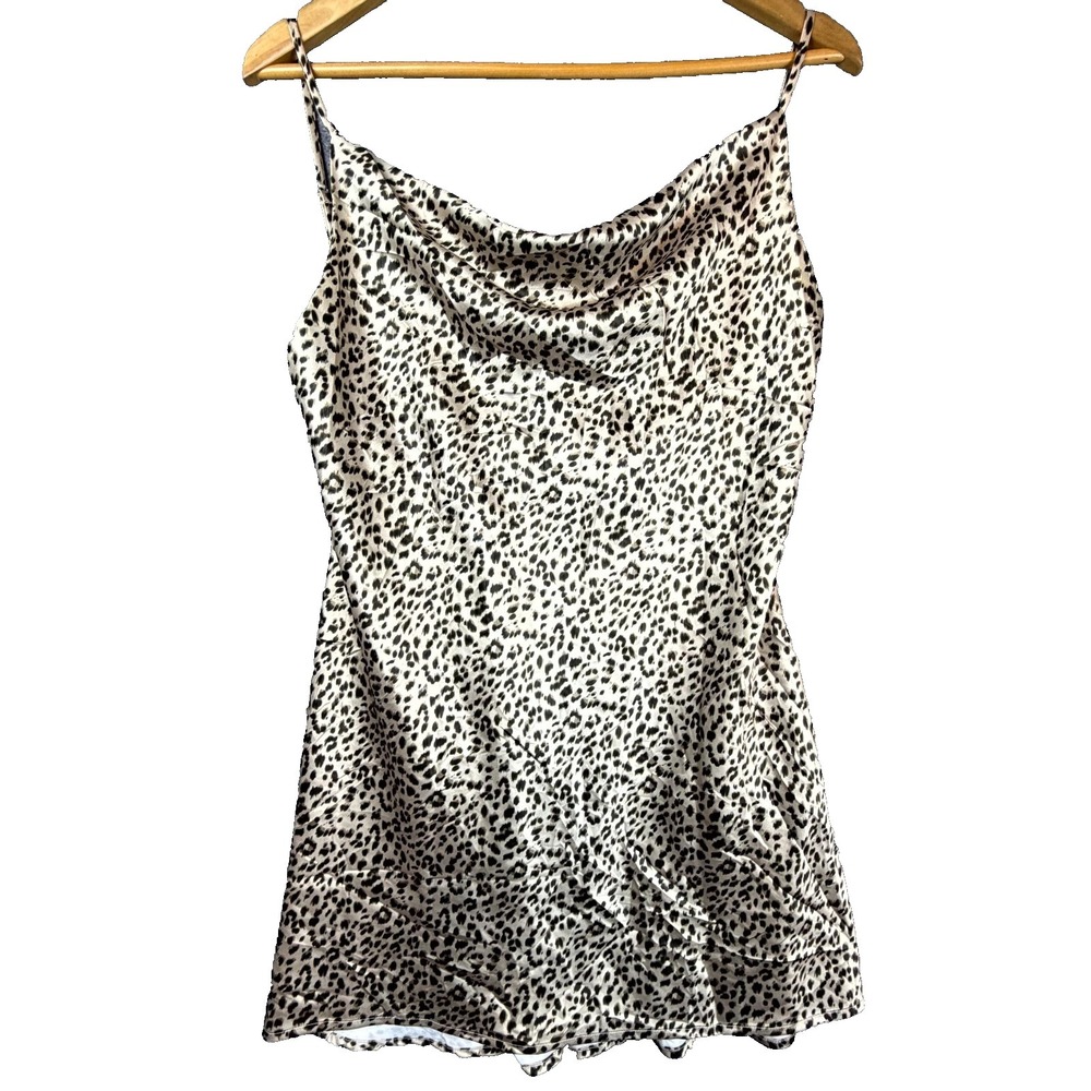 Princess Polly Mini Dress Womens 6 Beige Leopard Print Satin Club Wear Cowl Neck